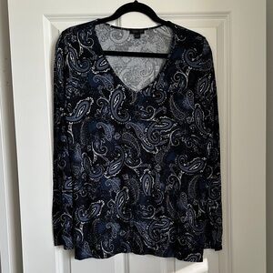 J. Jill Navy and White Paisley V-Neck Blouse